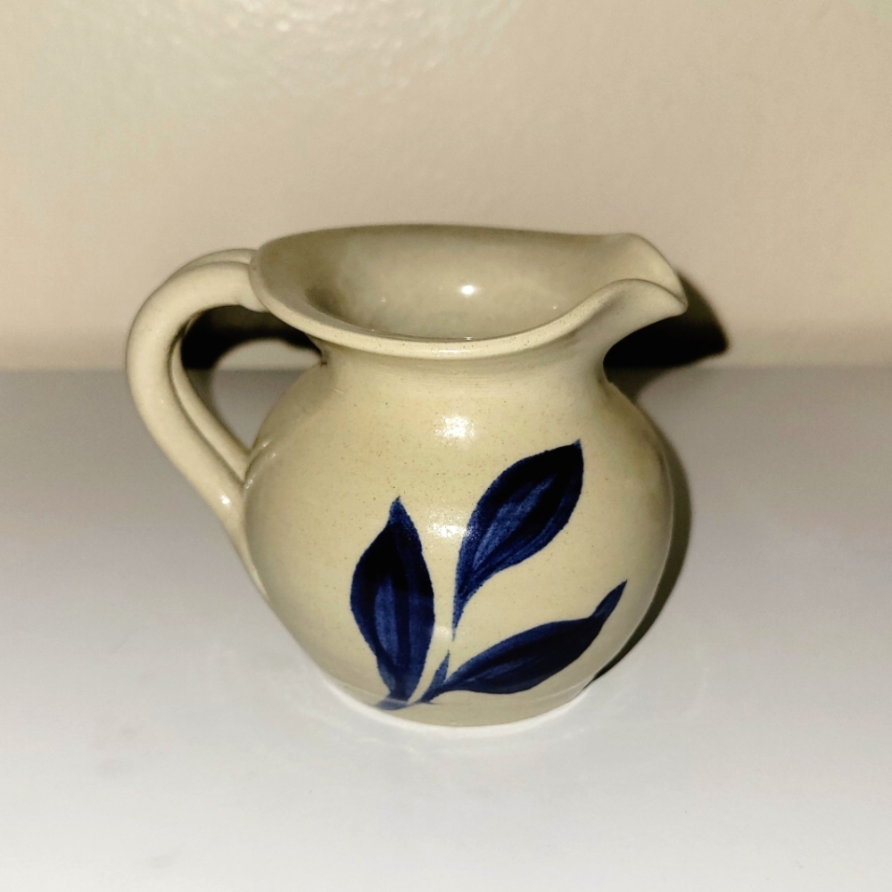 Pfaltzgraff York PA Pottery Cream Pitcher with Cobalt Blue Leaves Vintage 90s